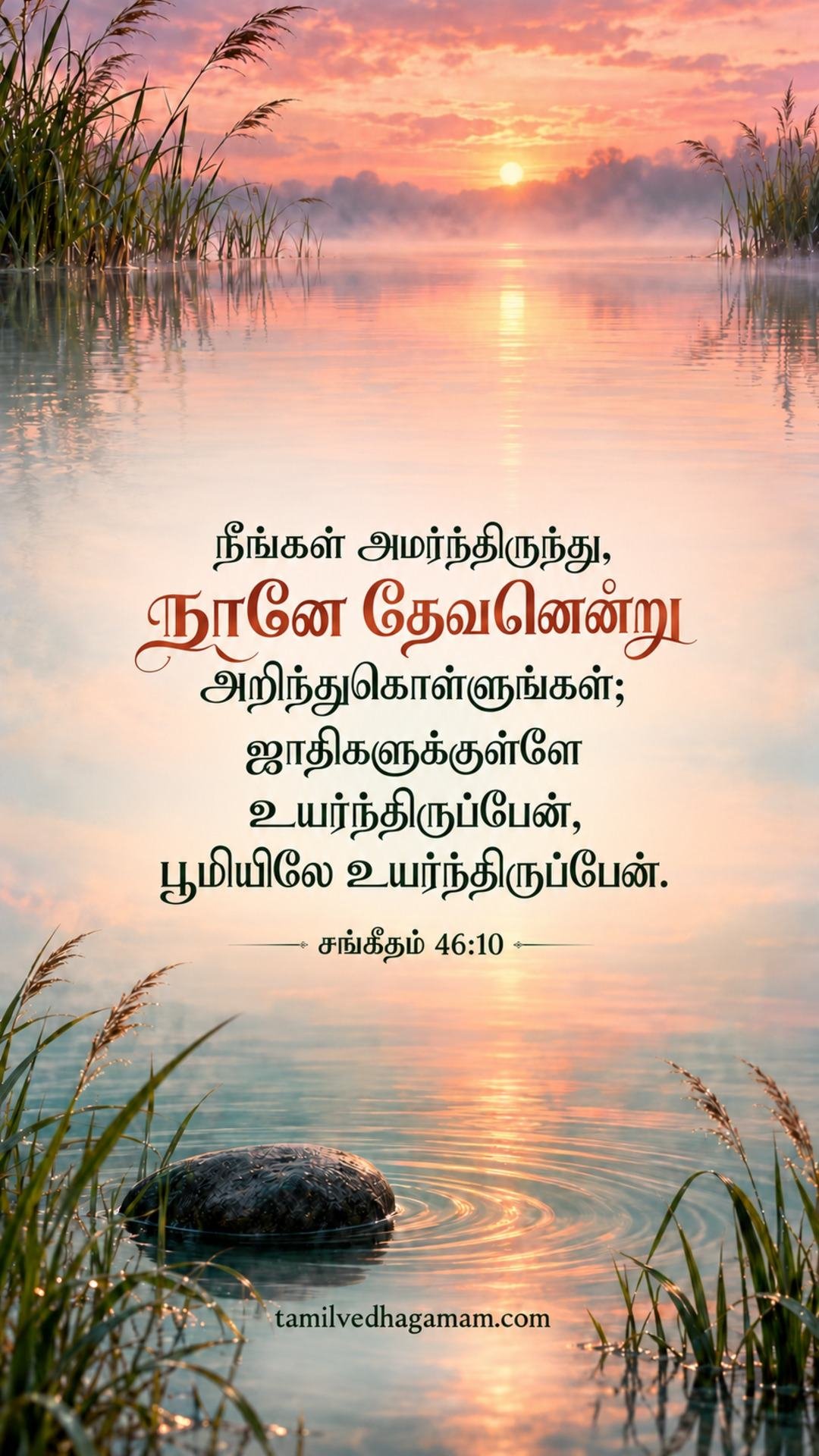 சங்கீதம் 46:10 (Psalms 46:10): நீங்கள் அமர்ந்திருந்து, நானே தேவனென்று அறிந்துகொள்ளுங்கள்; ஜாதிகளுக்குள்ளே உயர்ந்திருப்பேன், பூமியிலே உயர்ந்திருப்பேன். · 30 October 2026